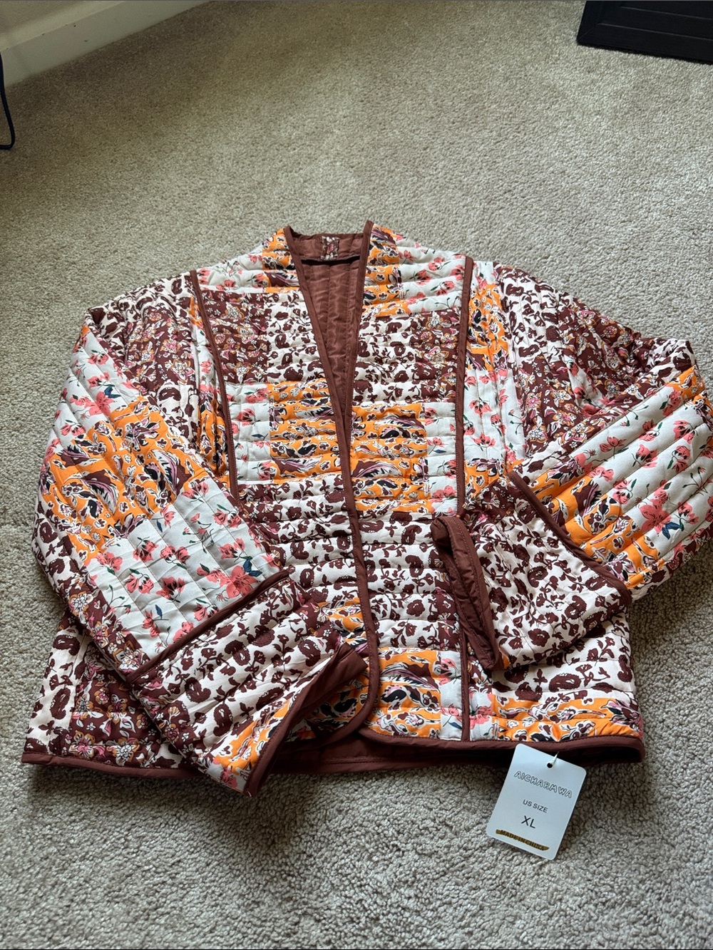 Floral Quilted Jacket with Brown Trim & Orange Accents